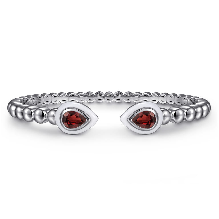 925 Sterling Silver Bujukan Cuff Bangle with White Enamel and Garnet - Shot 1