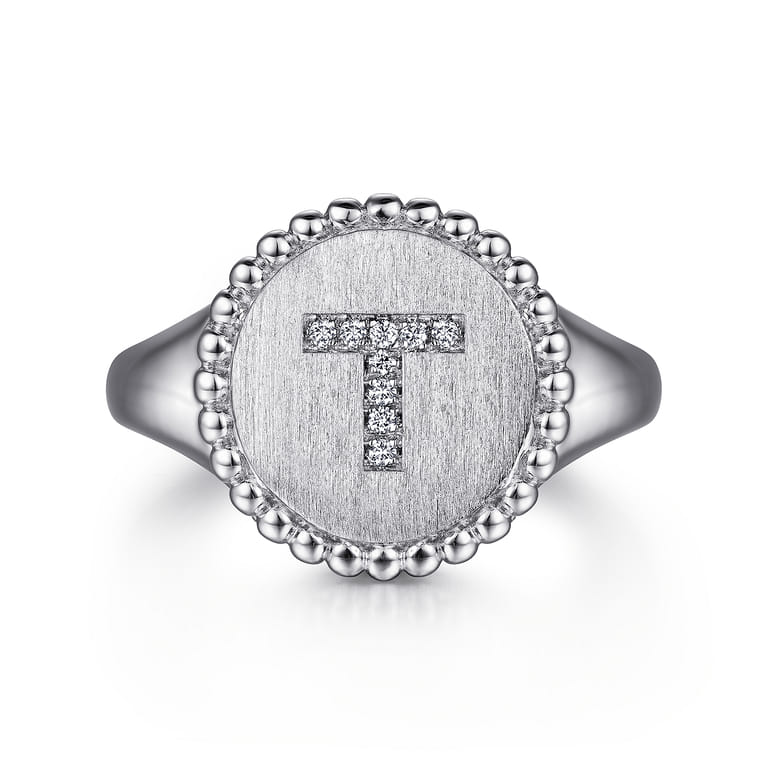 925 Sterling Silver Bujukan Diamond Initial T Signet Ring - 0.04 ct - Shot 1