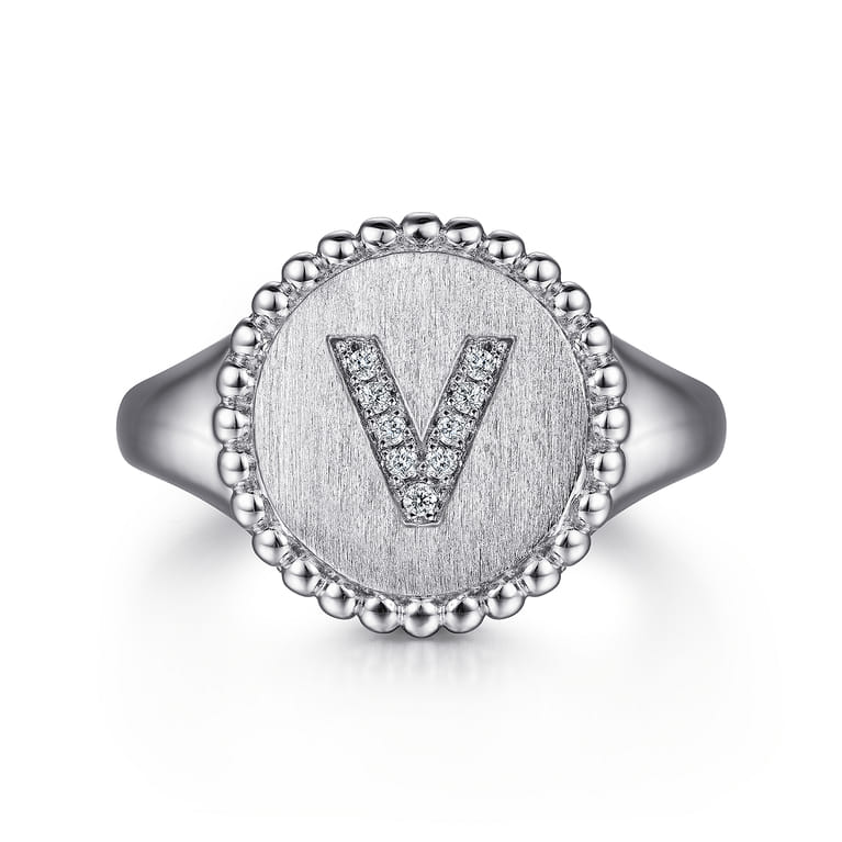 925 Sterling Silver Bujukan Diamond Initial V Signet Ring - 0.04 ct - Shot 1
