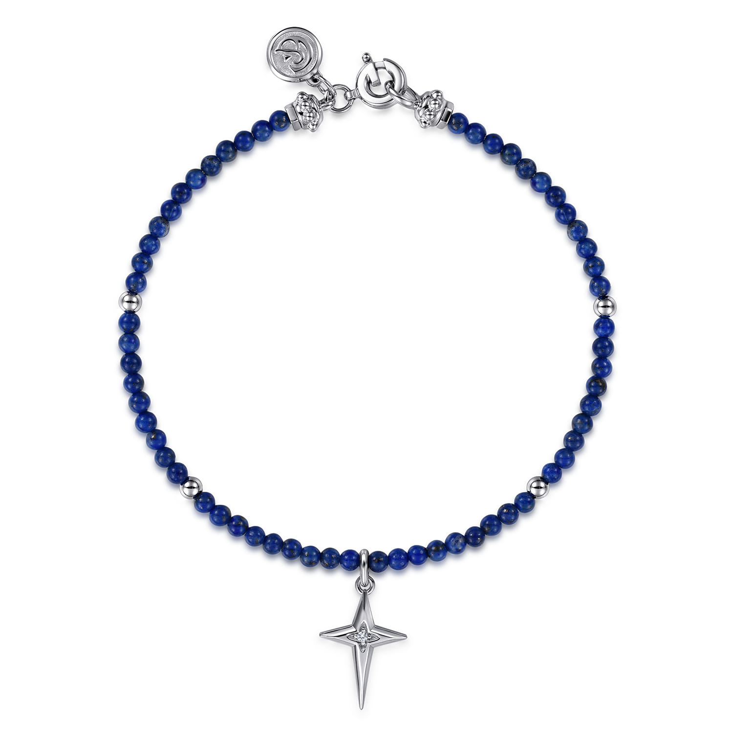 925 Sterling Silver Bujukan Lapis Bead and White Sapphire Cross Charm Bracelet - Shot 1