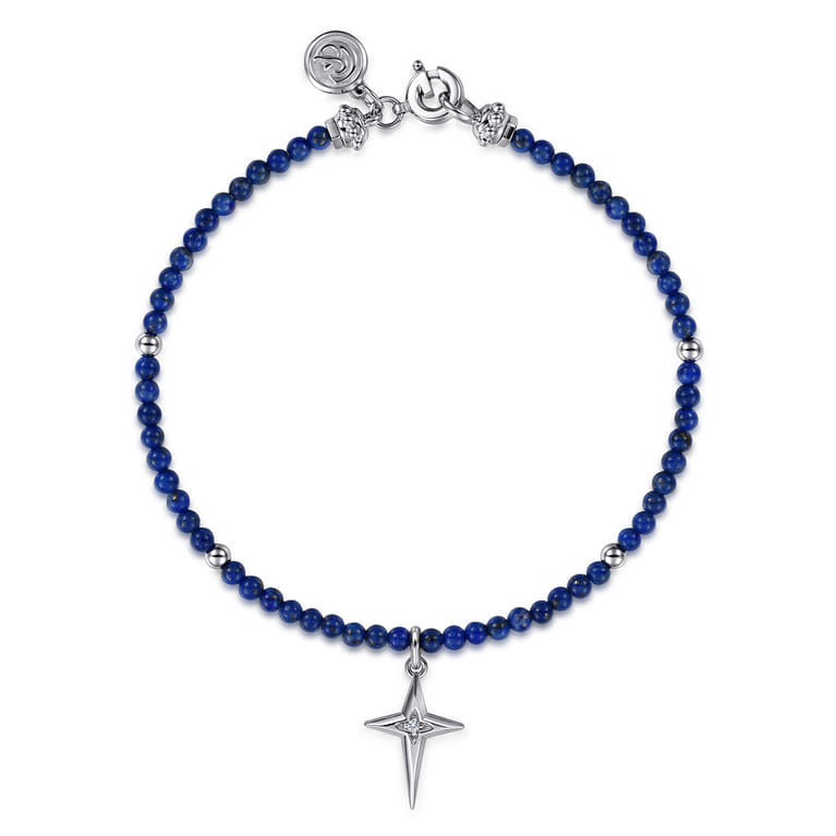 925 Sterling Silver Bujukan Lapis Bead and White Sapphire Cross Charm Bracelet - Shot 1