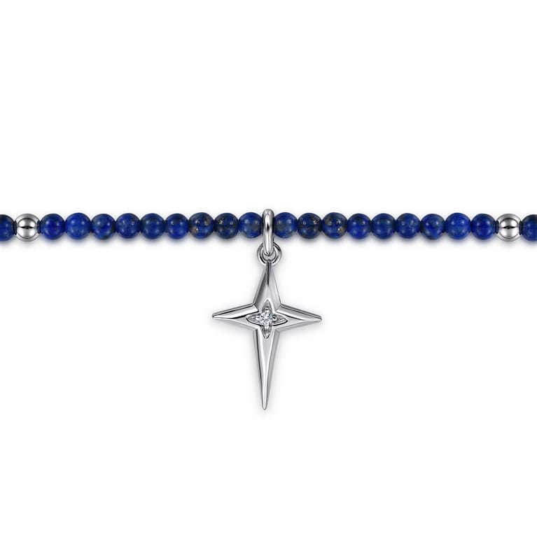 925 Sterling Silver Bujukan Lapis Bead and White Sapphire Cross Charm Bracelet - Shot 2