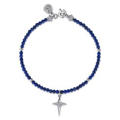 925 Sterling Silver Bujukan Lapis Bead and White Sapphire Cross Charm Bracelet