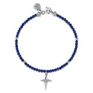 925 Sterling Silver Bujukan Lapis Bead and White Sapphire Cross Charm Bracelet