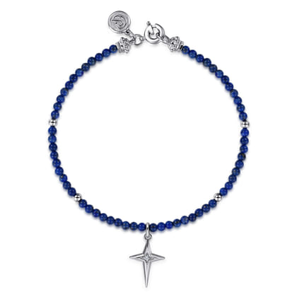 925 Sterling Silver Bujukan Lapis Bead and White Sapphire Cross Charm Bracelet
