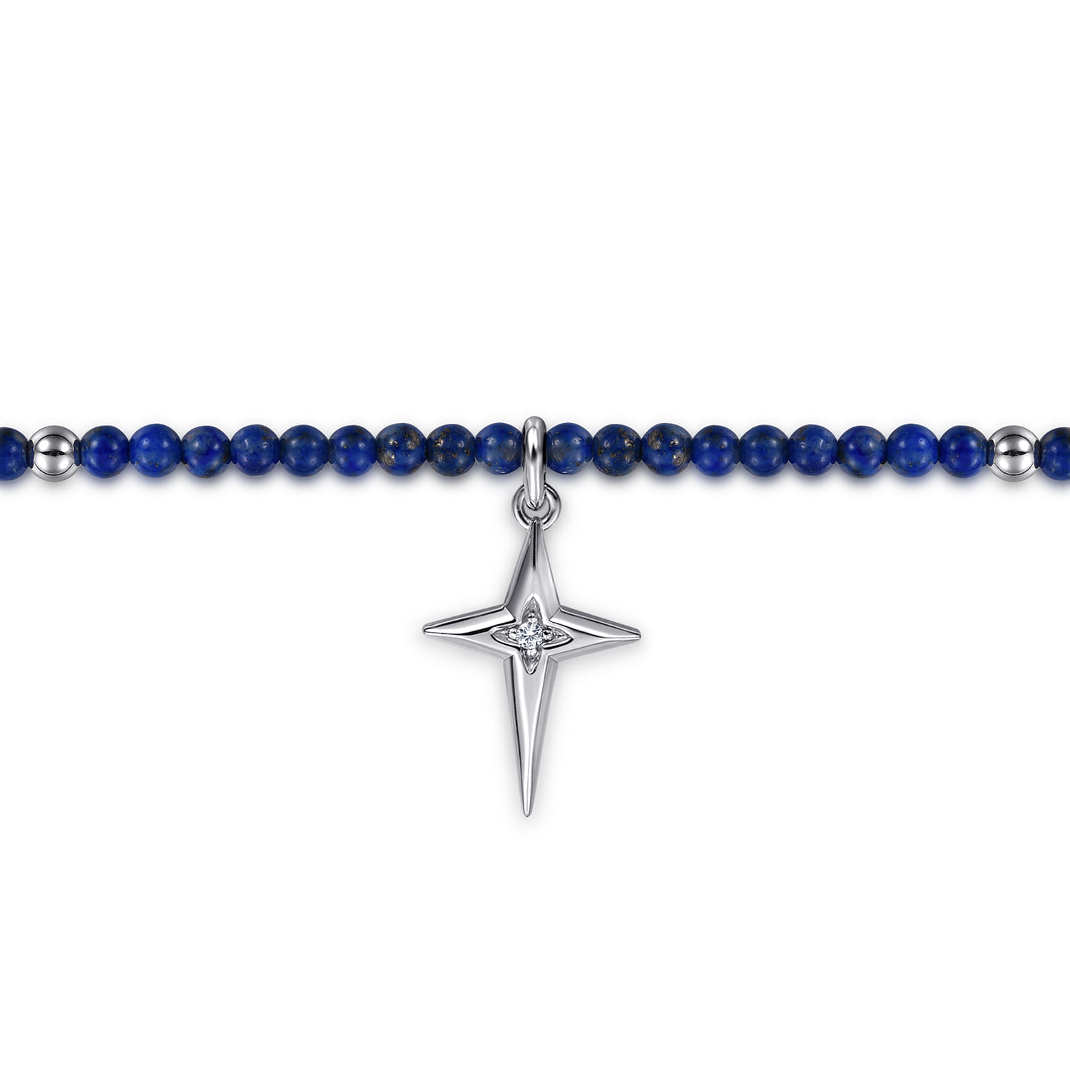 925 Sterling Silver Bujukan Lapis Bead and White Sapphire Cross Charm Bracelet