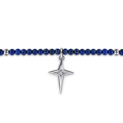 925 Sterling Silver Bujukan Lapis Bead and White Sapphire Cross Charm Bracelet
