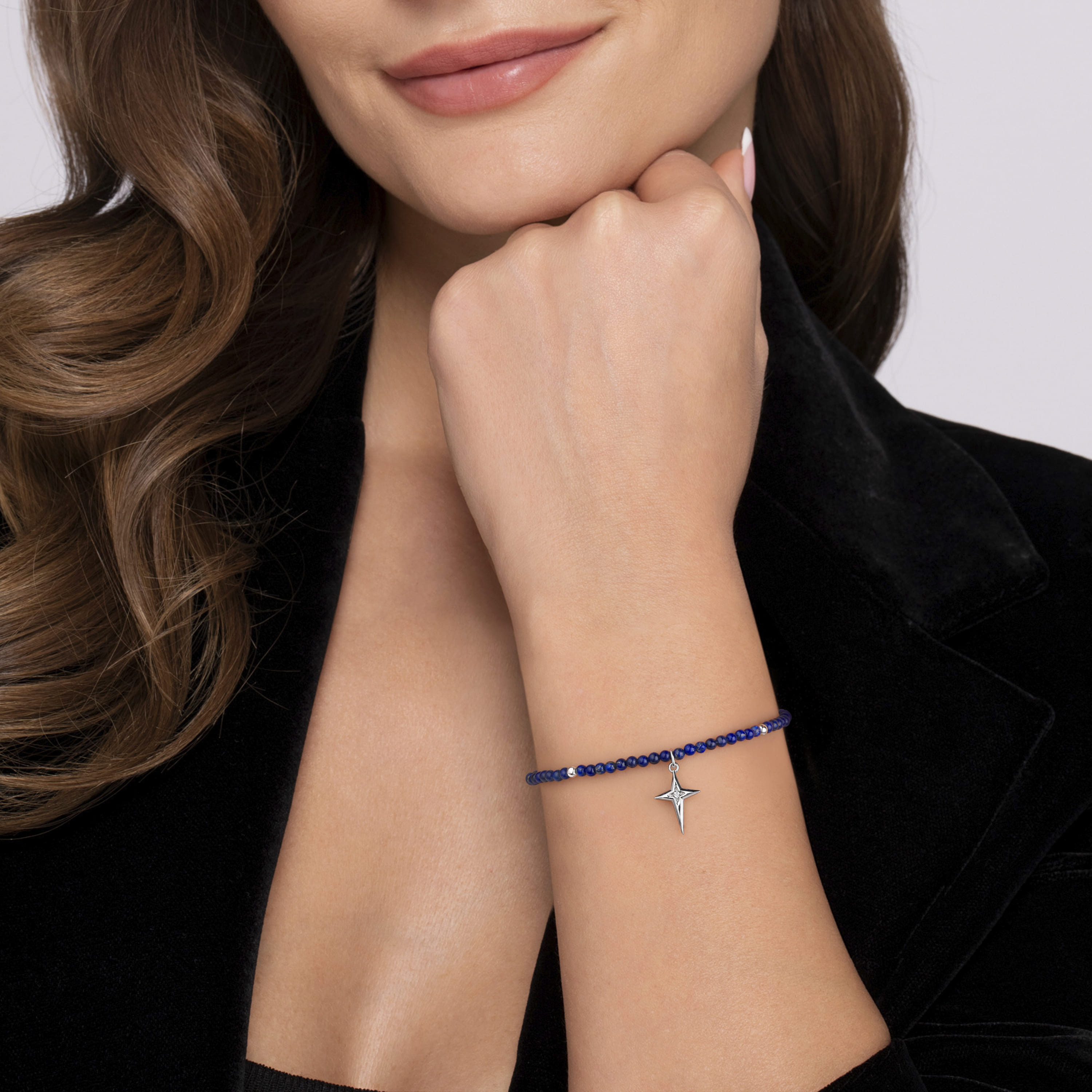 925 Sterling Silver Bujukan Lapis Bead and White Sapphire Cross Charm Bracelet