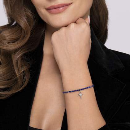 925 Sterling Silver Bujukan Lapis Bead and White Sapphire Cross Charm Bracelet