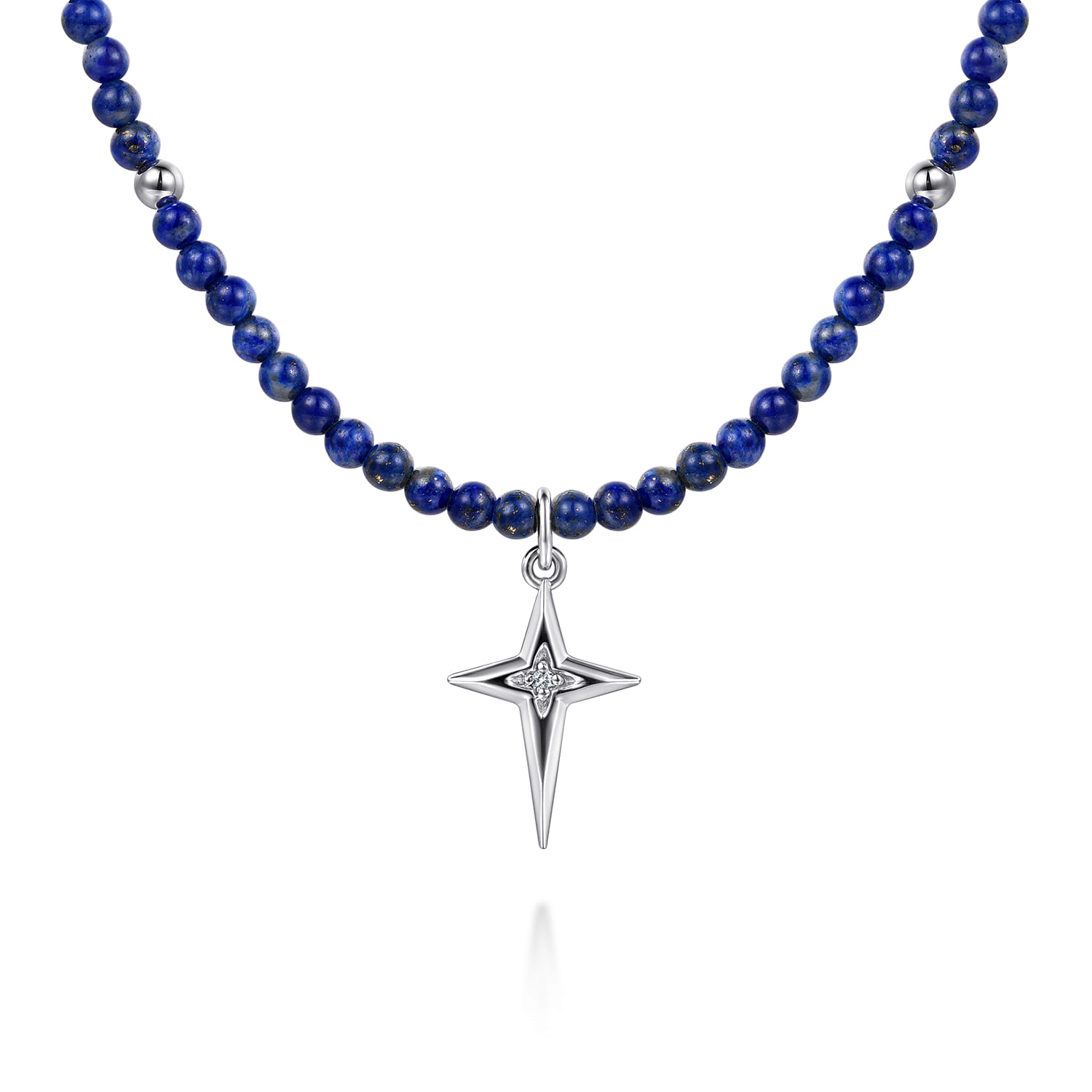 925 Sterling Silver Bujukan Lapis Bead and White Sapphire Cross Charm Necklace - Shot 1