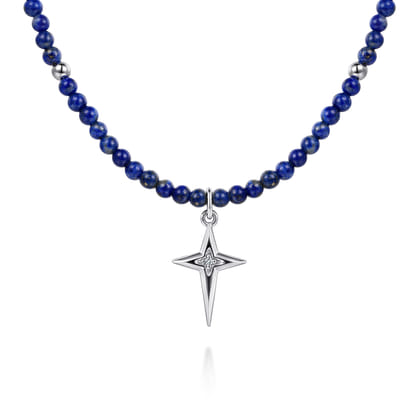 925 Sterling Silver Bujukan Lapis Bead and White Sapphire Cross Charm Necklace