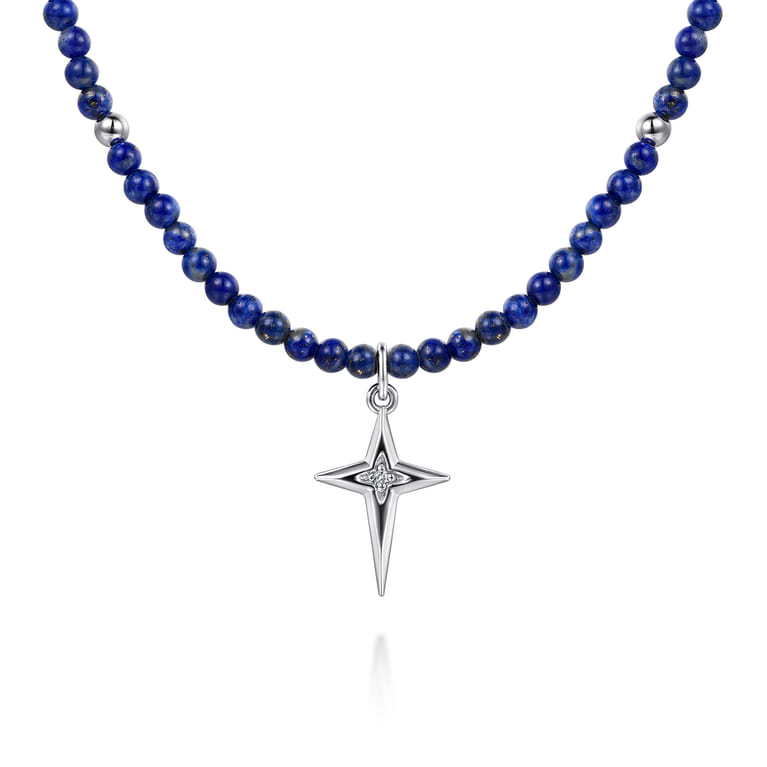 925 Sterling Silver Bujukan Lapis Bead and White Sapphire Cross Charm Necklace - Shot 1