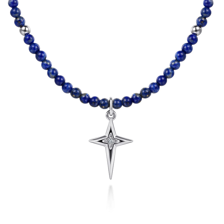 925 Sterling Silver Bujukan Lapis Bead and White Sapphire Cross Charm Necklace - Shot 1