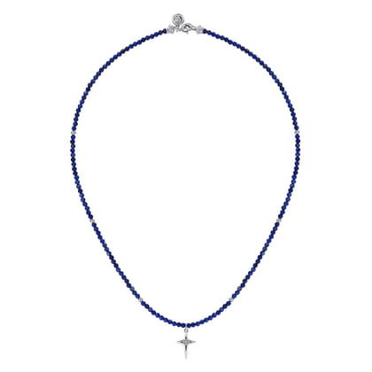 925 Sterling Silver Bujukan Lapis Bead and White Sapphire Cross Charm Necklace