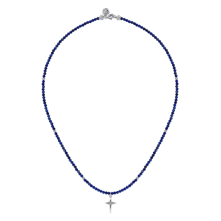 925 Sterling Silver Bujukan Lapis Bead and White Sapphire Cross Charm Necklace - Shot 2