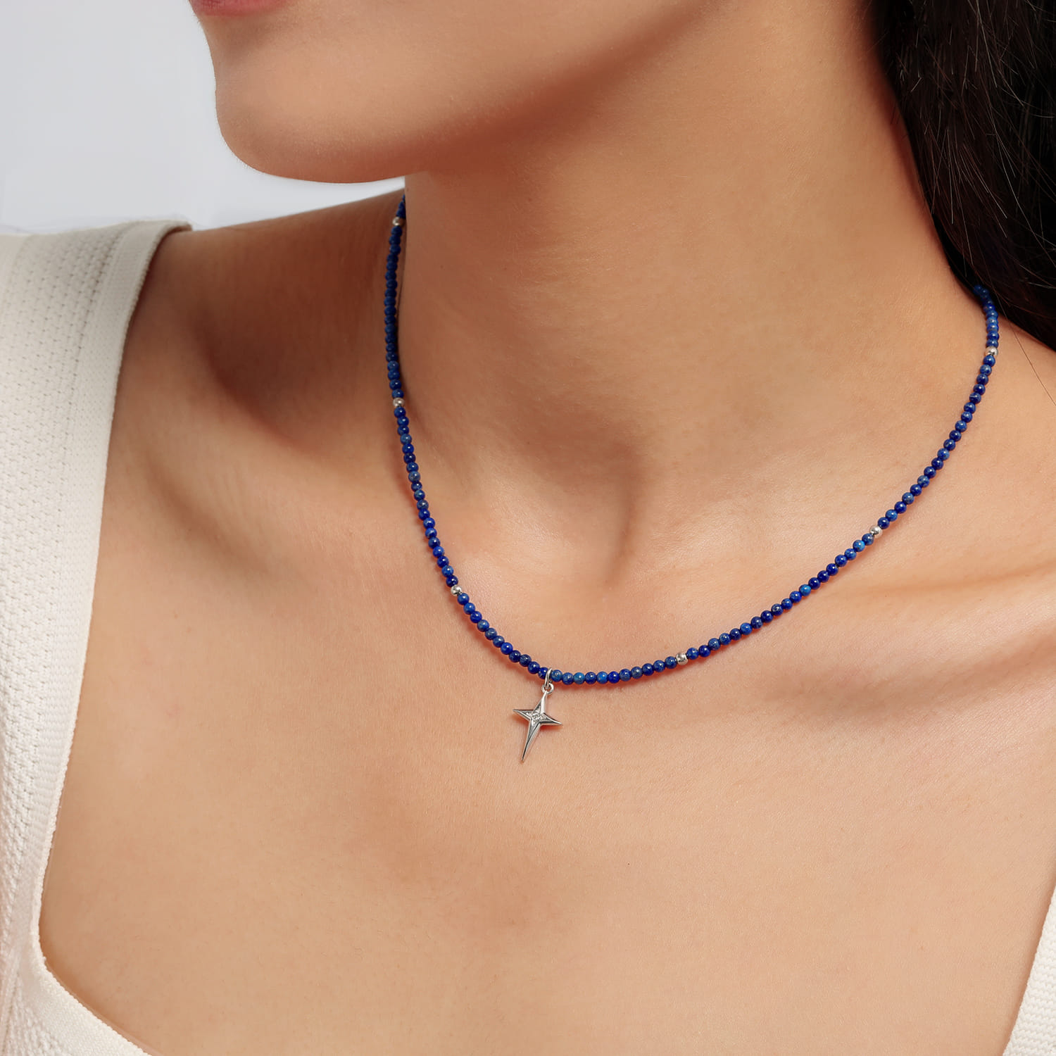 925 Sterling Silver Bujukan Lapis Bead and White Sapphire Cross Charm Necklace - Shot 3