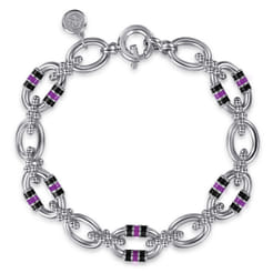 925 Sterling Silver Bujukan Link Chain Bracelet with Black and Purple Enamel