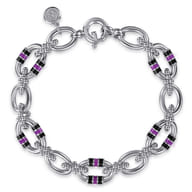 925 Sterling Silver Bujukan Link Chain Bracelet with Black and Purple Enamel