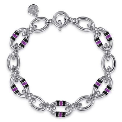 925 Sterling Silver Bujukan Link Chain Bracelet with Black and Purple Enamel