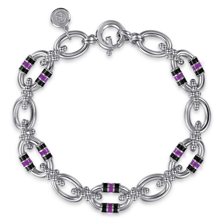 925 Sterling Silver Bujukan Link Chain Bracelet with Black and Purple Enamel - Shot 1