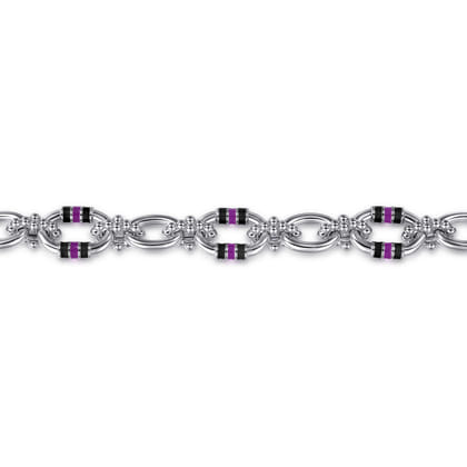 925 Sterling Silver Bujukan Link Chain Bracelet with Black and Purple Enamel