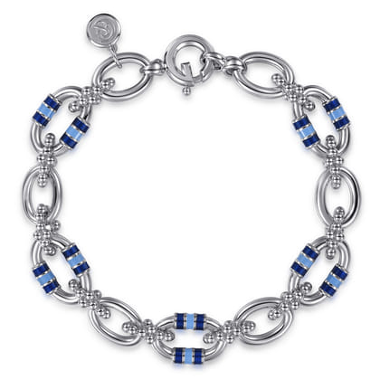 925 Sterling Silver Bujukan Link Chain Bracelet with Chrome Blue and Baby Blue Enamel