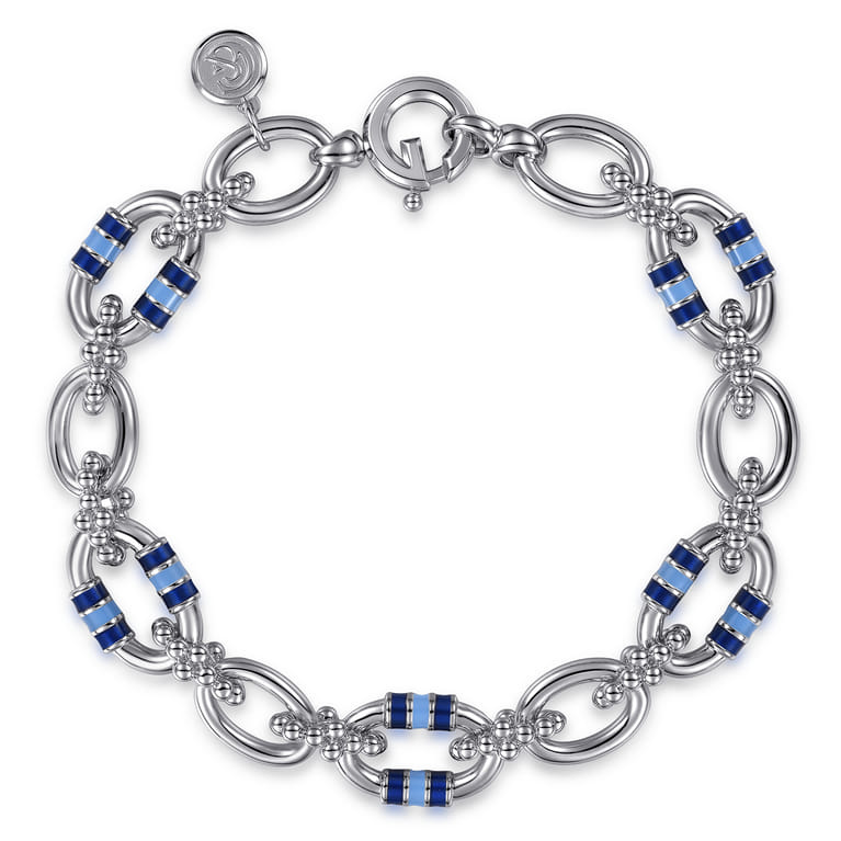 925 Sterling Silver Bujukan Link Chain Bracelet with Chrome Blue and Baby Blue Enamel - Shot 1