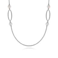 925 Sterling Silver Bujukan Link and Pearl Station Necklace
