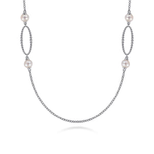 925 Sterling Silver Bujukan Link and Pearl Station Necklace