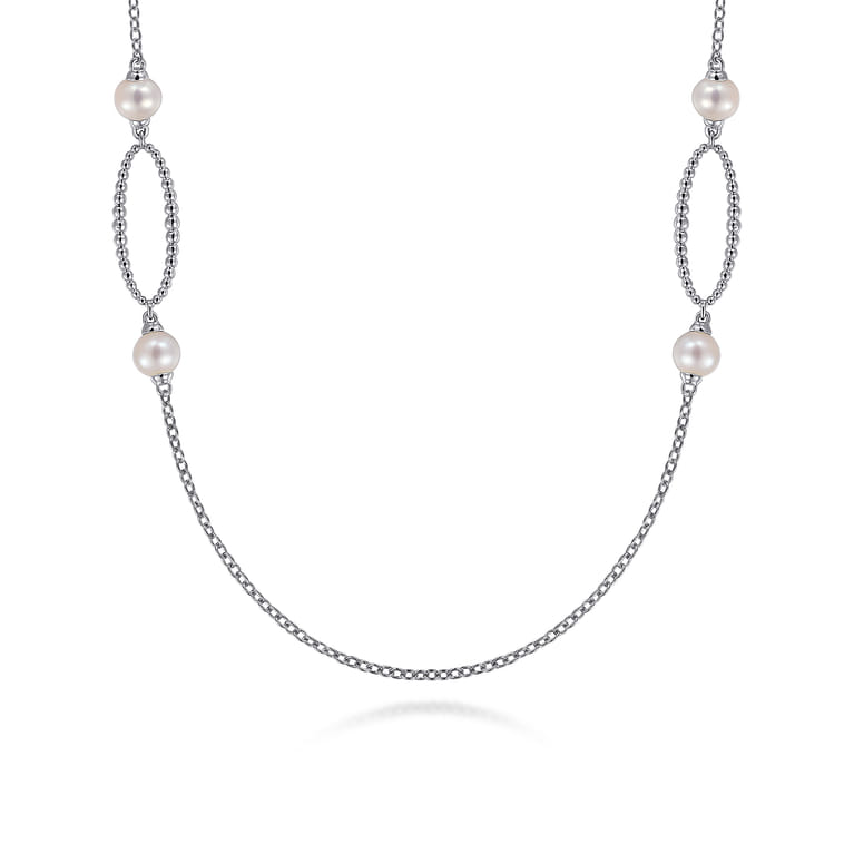 925 Sterling Silver Bujukan Link and Pearl Station Necklace - Shot 1