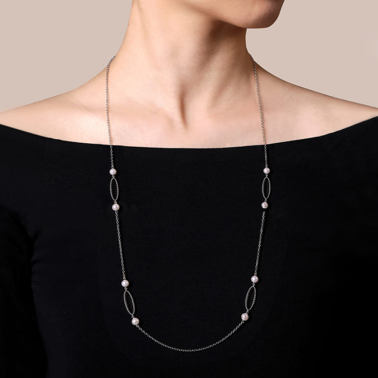 925 Sterling Silver Bujukan Link and Pearl Station Necklace - Shot 3