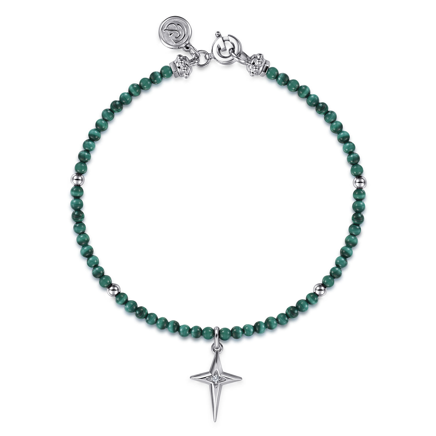 925 Sterling Silver Bujukan Malachite Bead and White Sapphire Cross Charm Bracelet - Shot 1