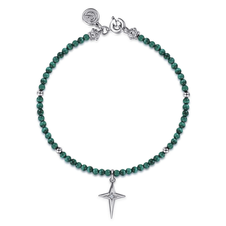 925 Sterling Silver Bujukan Malachite Bead and White Sapphire Cross Charm Bracelet - Shot 1