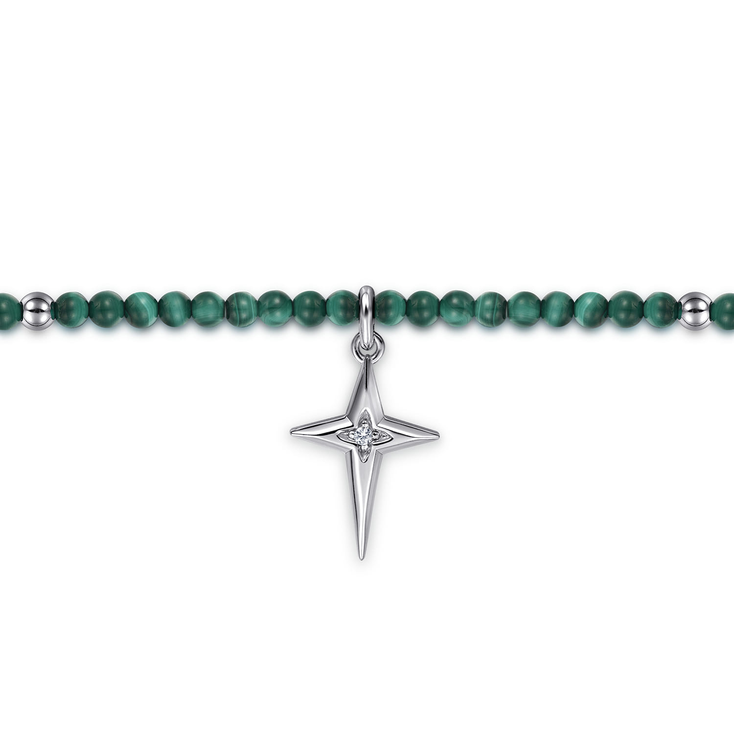 925 Sterling Silver Bujukan Malachite Bead and White Sapphire Cross Charm Bracelet - Shot 2