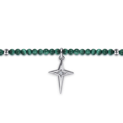 925 Sterling Silver Bujukan Malachite Bead and White Sapphire Cross Charm Bracelet