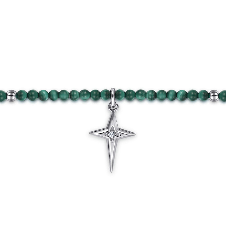 925 Sterling Silver Bujukan Malachite Bead and White Sapphire Cross Charm Bracelet - Shot 2