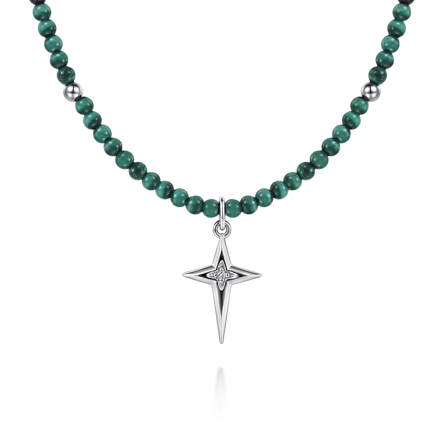 925 Sterling Silver Bujukan Malachite Bead and White Sapphire Cross Charm Necklace - Shot 1