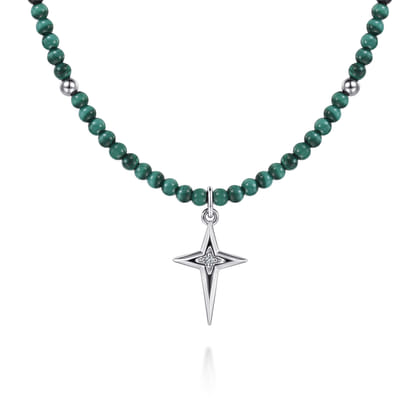 925 Sterling Silver Bujukan Malachite Bead and White Sapphire Cross Charm Necklace