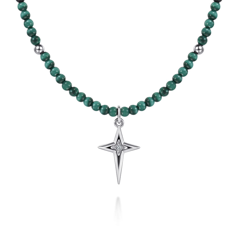 925 Sterling Silver Bujukan Malachite Bead and White Sapphire Cross Charm Necklace - Shot 1