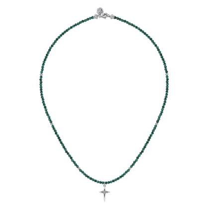 925 Sterling Silver Bujukan Malachite Bead and White Sapphire Cross Charm Necklace