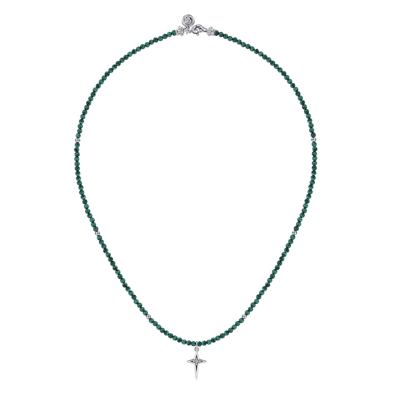 925 Sterling Silver Bujukan Malachite Bead and White Sapphire Cross Charm Necklace - Shot 2