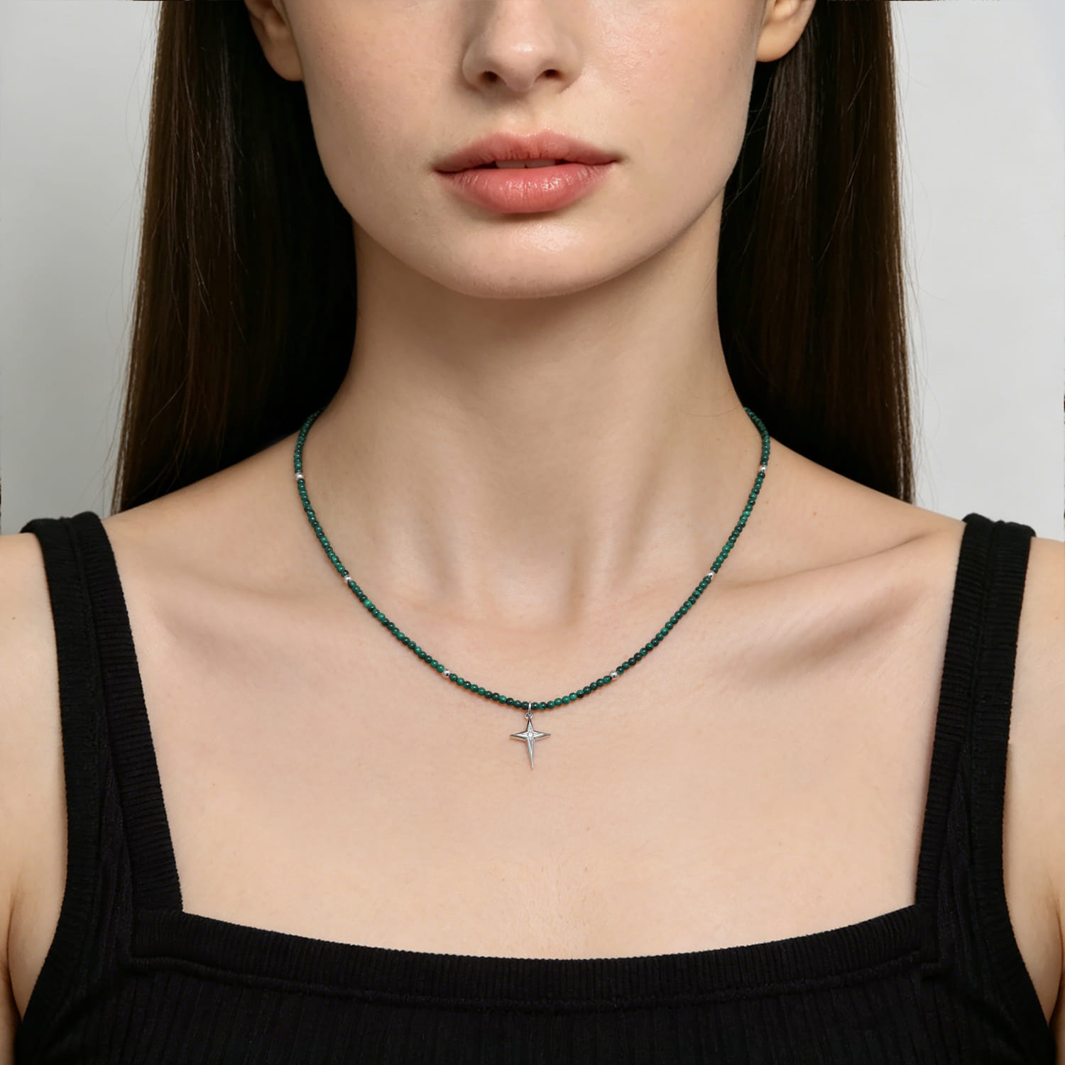 925 Sterling Silver Bujukan Malachite Bead and White Sapphire Cross Charm Necklace - Shot 3