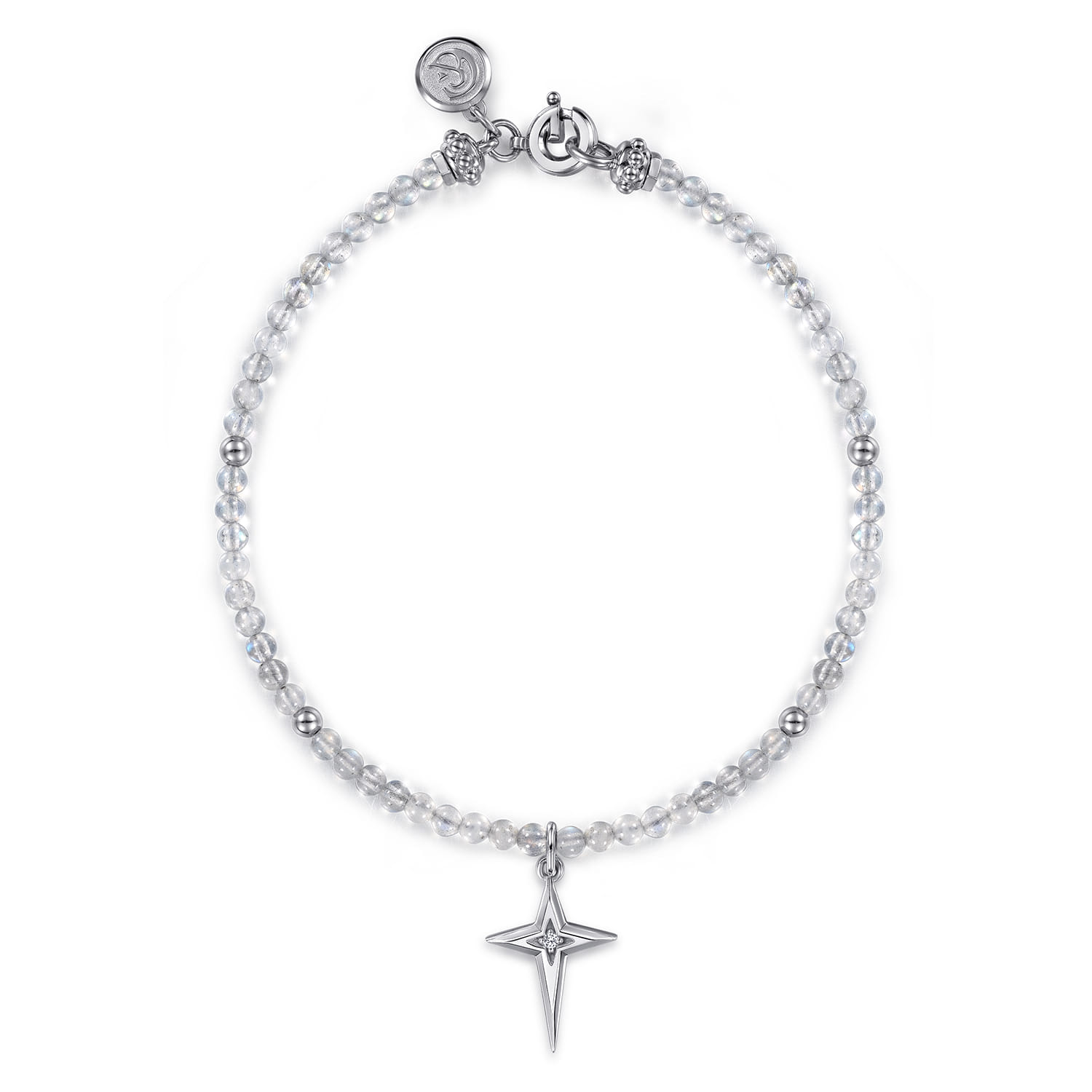 925 Sterling Silver Bujukan Moon Stone Bead and White Sapphire Cross Charm Bracelet - Shot 1