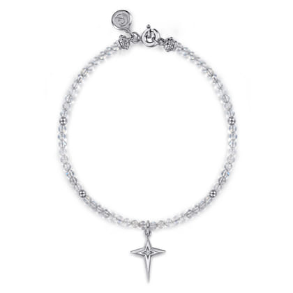 925 Sterling Silver Bujukan Moon Stone Bead and White Sapphire Cross Charm Bracelet