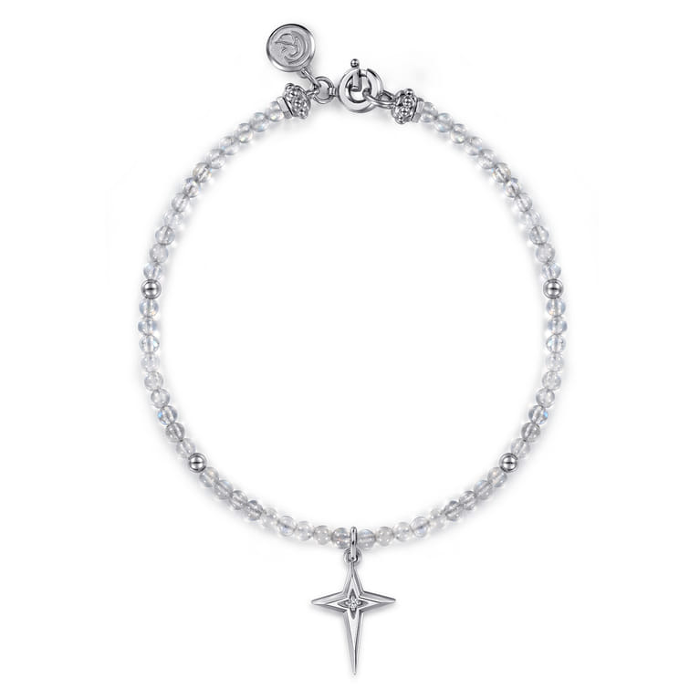 925 Sterling Silver Bujukan Moon Stone Bead and White Sapphire Cross Charm Bracelet - Shot 1