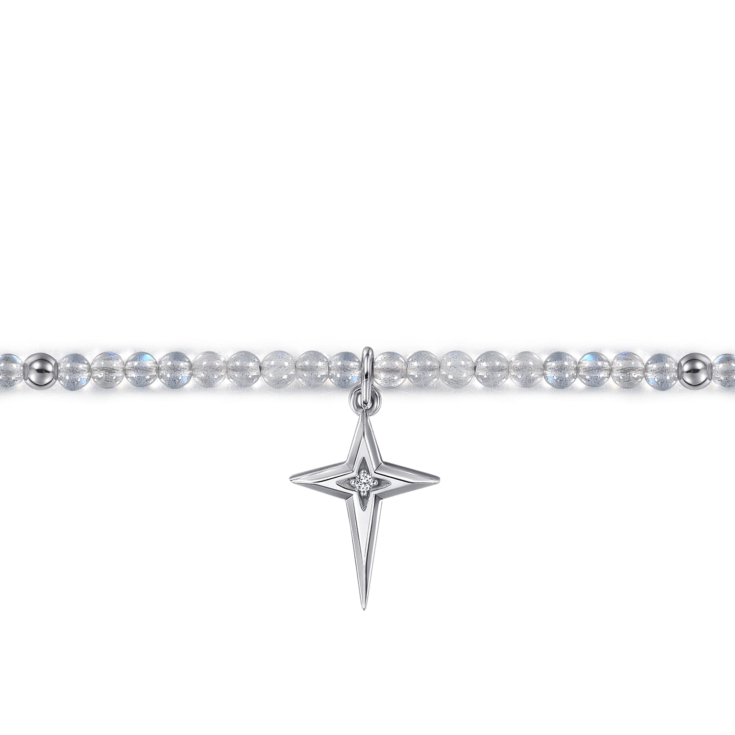 925 Sterling Silver Bujukan Moon Stone Bead and White Sapphire Cross Charm Bracelet - Shot 2