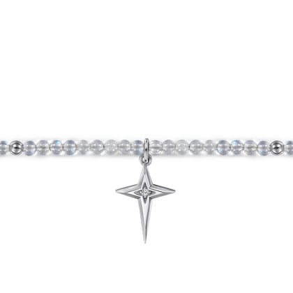925 Sterling Silver Bujukan Moon Stone Bead and White Sapphire Cross Charm Bracelet