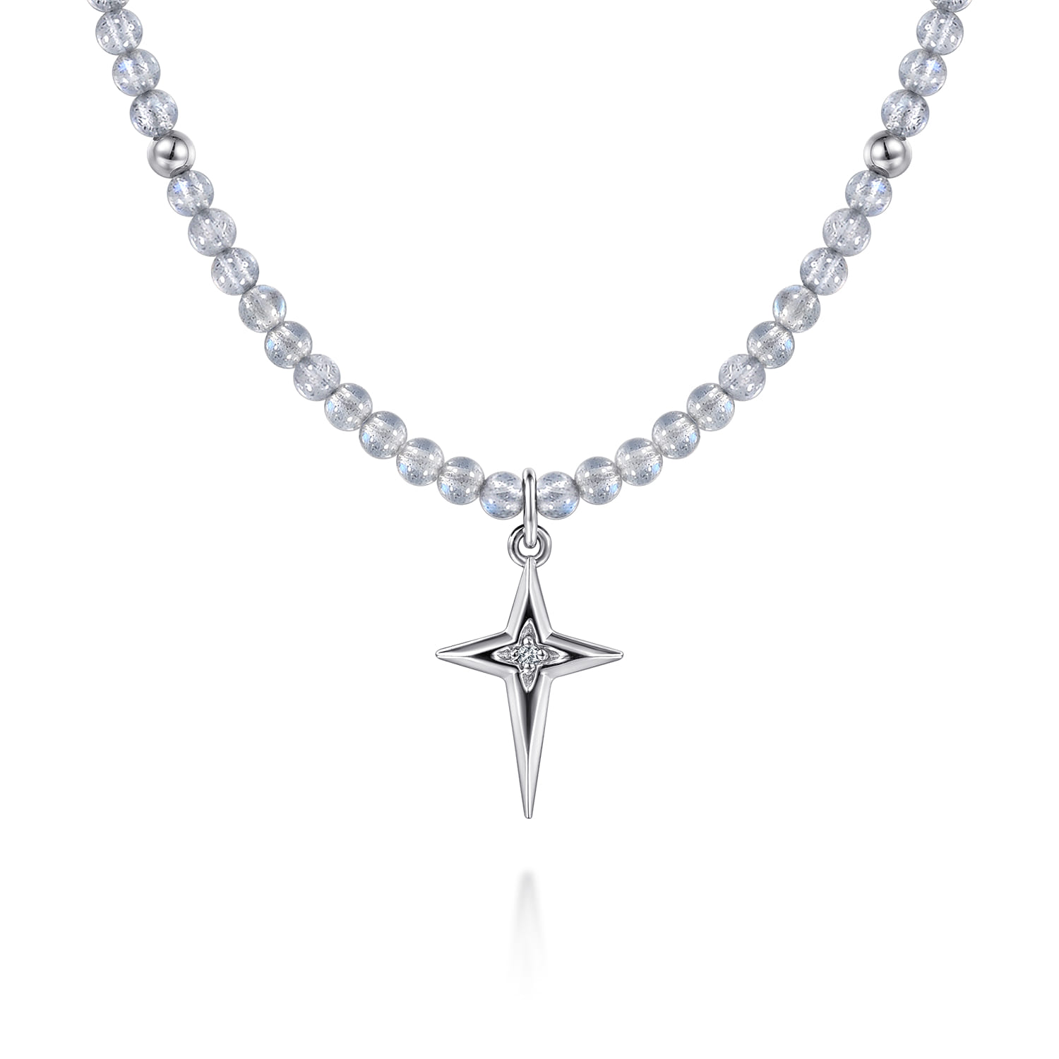 925 Sterling Silver Bujukan Moon Stone Bead and White Sapphire Cross Charm Necklace - Shot 1