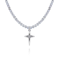 925 Sterling Silver Bujukan Moon Stone Bead and White Sapphire Cross Charm Necklace