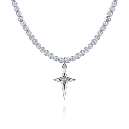 925 Sterling Silver Bujukan Moon Stone Bead and White Sapphire Cross Charm Necklace
